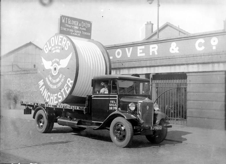 Works photographic negative of cable drum on lorry