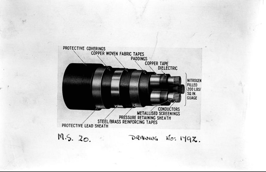 Works photographic negative of drawing of stripped cable