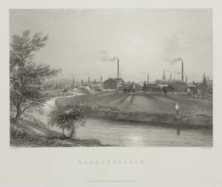 Engraving, steel, industrial cityscape with smoking chimneys