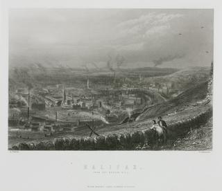 Engraving, steel, industrial cityscape with smoking chimneys