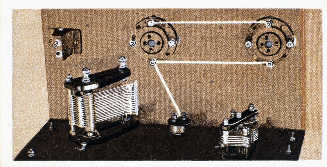 ‘Wiring the Filament Circuit’, Cigarette card from ‘How to build a two valve set’, card no.11 (cigarette cards)