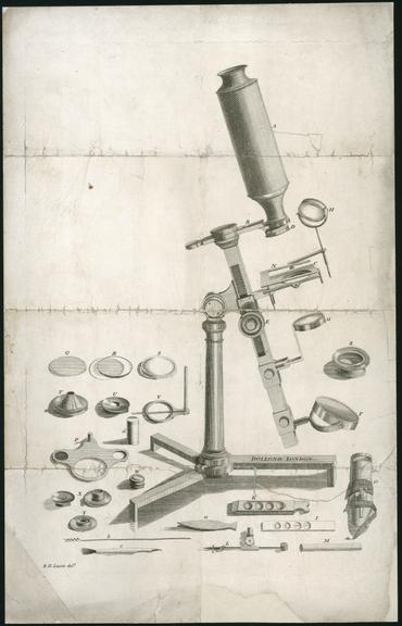 print of microscope marked 'Dollond' removed from mahogany case