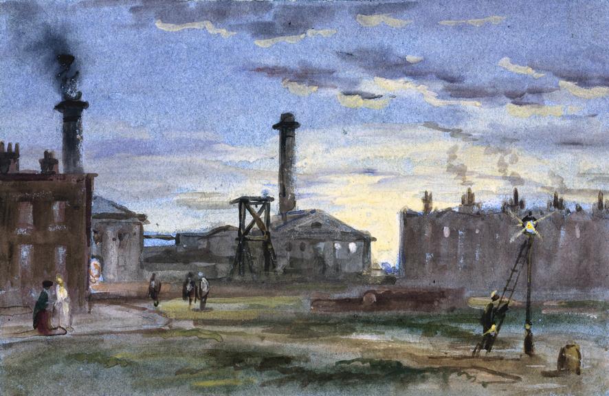 View of a gasworks at sunset