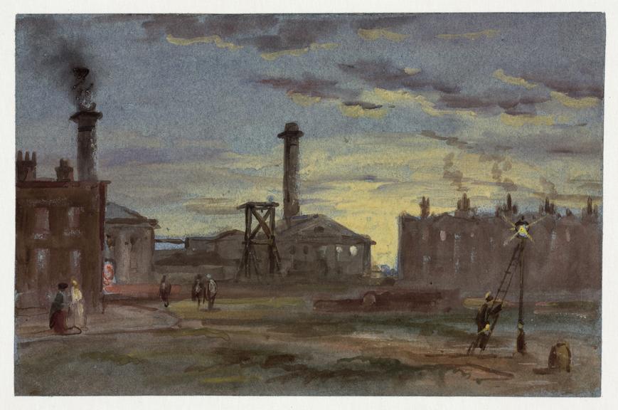 View of a gasworks at sunset