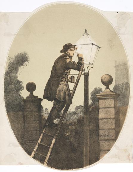 Lithograph, tinted. A lamplighter. By Saby