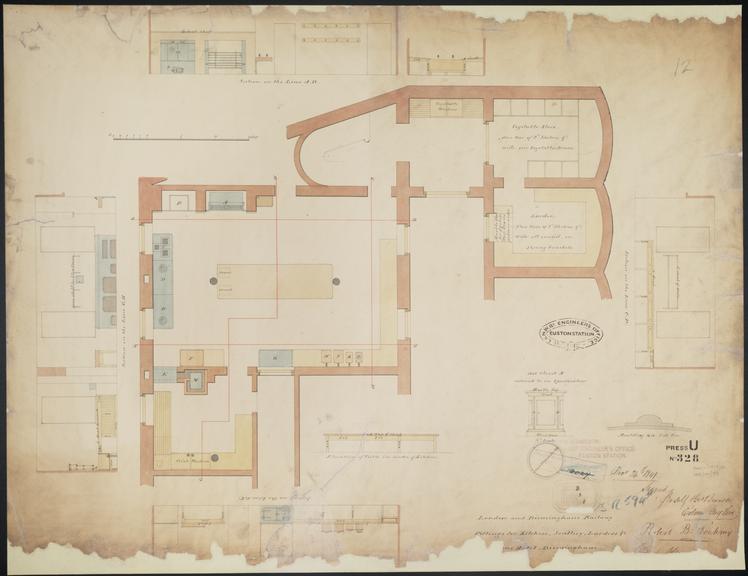 Drawing of Curzon Street Station, Birmingham (London & Birmingham Railway), showing plan and elevation of bridge over Curzon Street, Birmingham, signed by Joseph Branson, Edwin Gwythen and Robert B. Dochray