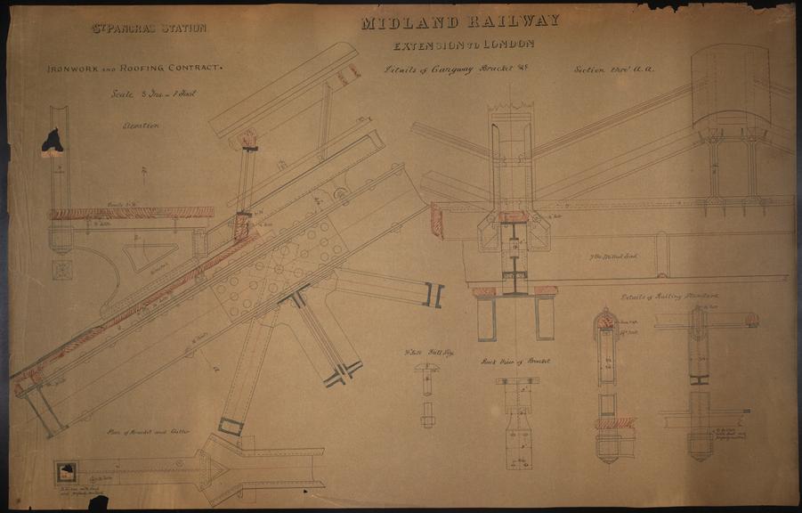 Drawing of Midland Railway extension to London, St Pancras Station, Ironwork and Roofing Contract, details of gangway bracket etc., plans, elevations, sections and details