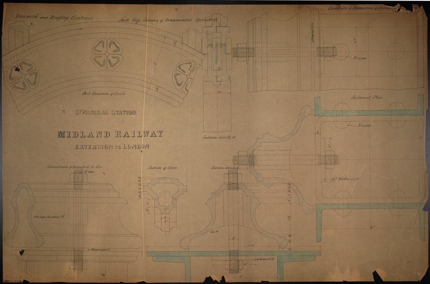 Drawing of Midland Railway Extension to London. St Pancras Station. Ironwork and Roofing Contract. Sections of ornamental spandrils and part elevation of circle.