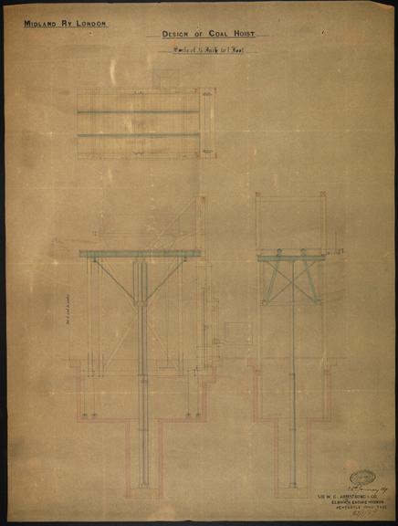 Drawing of Midland Railway London, design of coal hoist, Sir W G Armstrong, Elswick Engine Works, Newcastle on Tyne, 23 Jan 1867