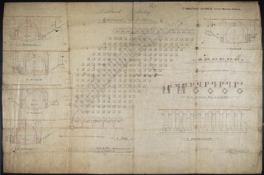 Untitled drawing [Midland Railway Extension to London: St Pancras Branch under Pancras Station] further plans and sections, no date, signed W H Barlow, printed on linen