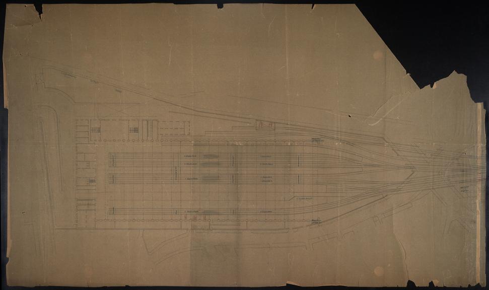 Untitled drawing showing plan of Goods Shed, positions of traversers and capstans etc.