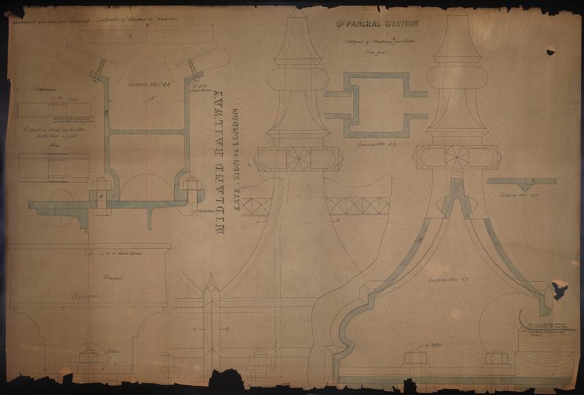 Drawing of Midland Railway Extension to London, St Pancras Station, Ironwork and Roofing Contract, detail of cresting for gable, details of gutter