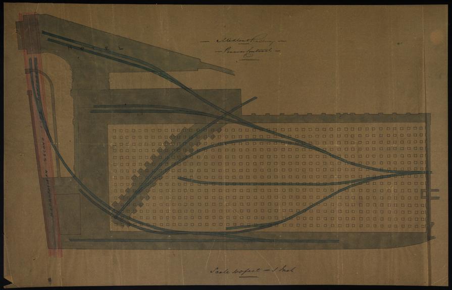 Untitled drawing of Midland Railway Pancras Contract, showing railway line approaches in diagramatic form and relation to Metropolitan Railway Second Line Contract and Hotel