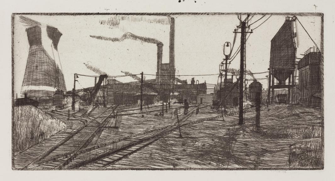 Etching by K. Howard. [Industrial landscape with power station]