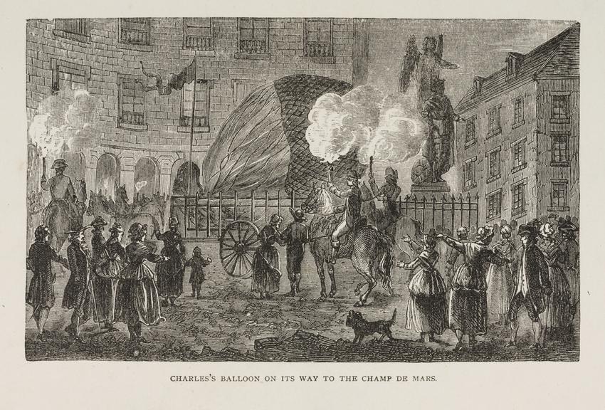 Print, steel engraving: Charles's Balloon on its way to the Champ de Mars