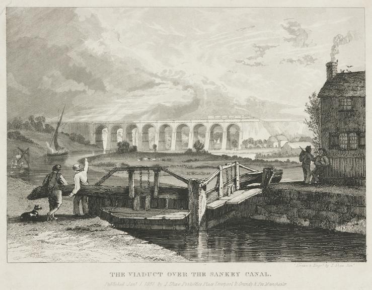 Engraving (b/w) "The Viaduct Over the Sankey Canal" by I