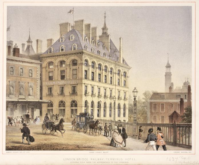 Lithograph (col.) "London Bridge Railway Terminus. General view from the approaches to the terminus"