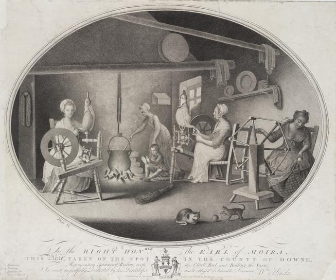 Stipple engraving 'Spinning' from a set "The Irish Linen Industry"