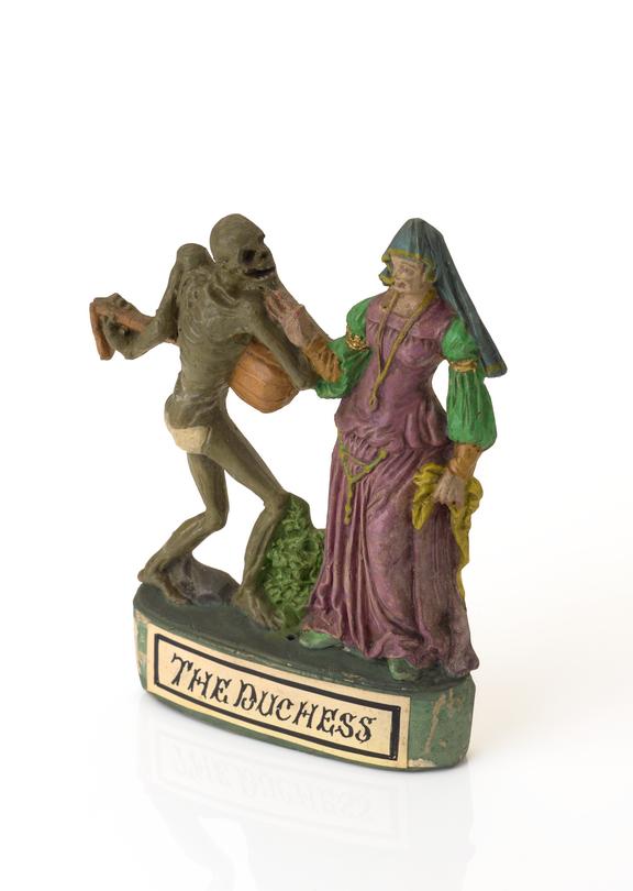 Plaster statue of cadaver with lute escorting Duchess