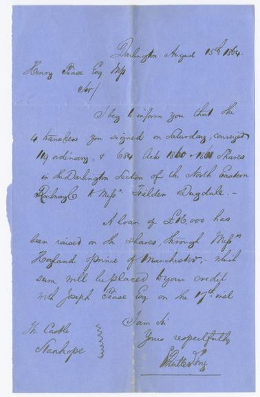 Letter from S. Lutterton to Henry Pease