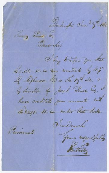 Letter from S. Lutterton to Henry Pease