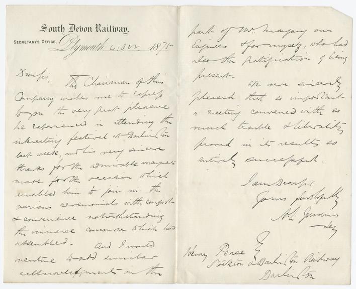 Letter from A.L. Jenkins to Henry Pease