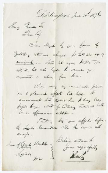 Letter from S. Lutterton to Henry Pease