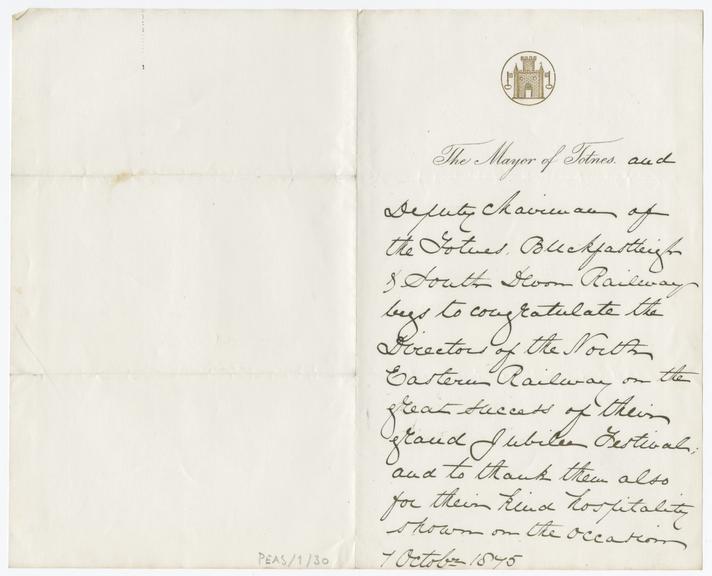 Letter from Mayor of Totnes and Deputy Chairman of the Totnes Buckfastleigh & South Devon Railway to the Directors of the North Eastern Railway