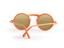 Pair of sunglasses with orange frames and dark green lenses