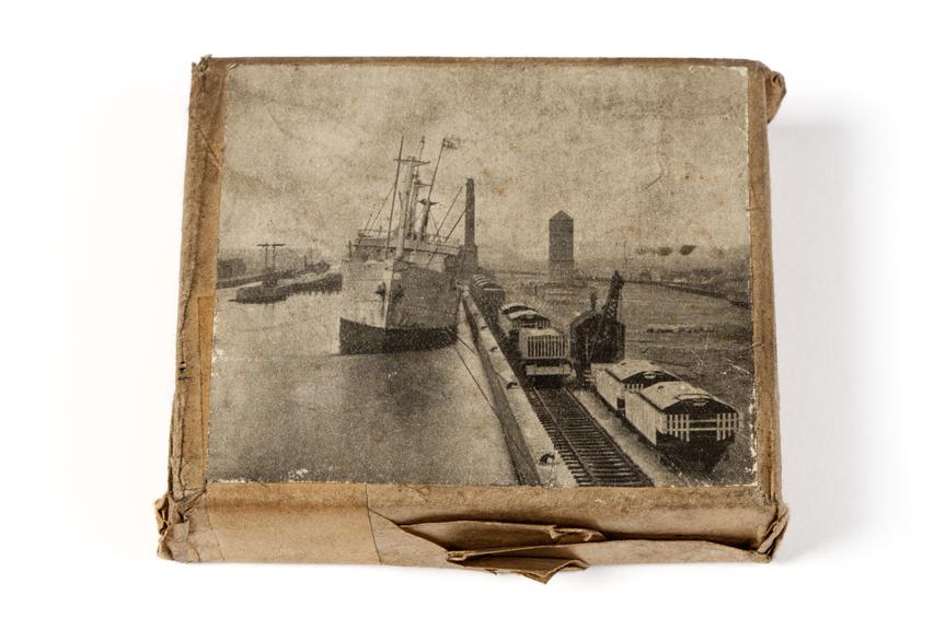 A printing block with a surface image of the Manchester docks