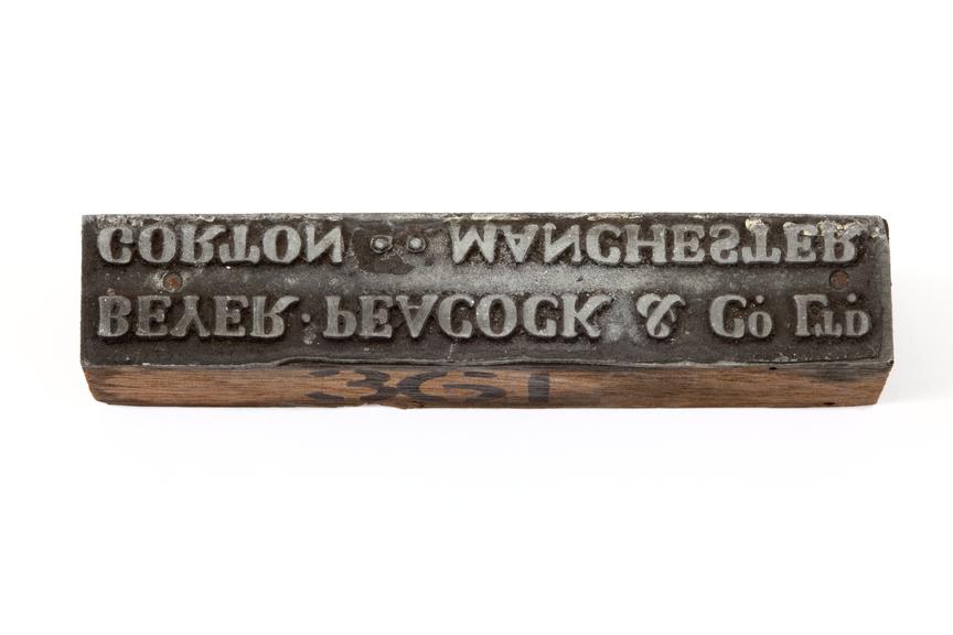 A printing block with the surface text: "Beyer Peacock & Co