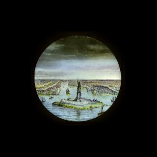 Magic lantern slide: Statue of Liberty, New York, evening