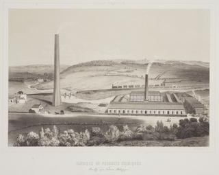 Print, tinted lithograph. 'Fabrique de produits chimiques a Floreffe pres Mamur'