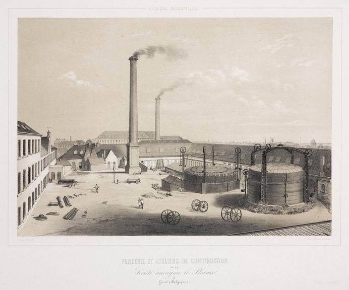 Print, tinted lithograph. 'Fonderie et ateliers de betteraves a Waterloo' (print)