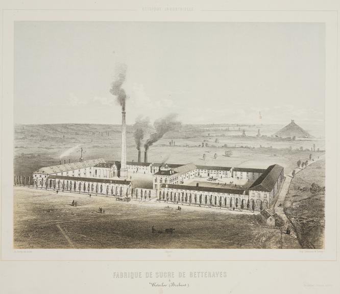 Print, tinted lithograph. 'Fabrique de sucre de betteraves a Waterloo'