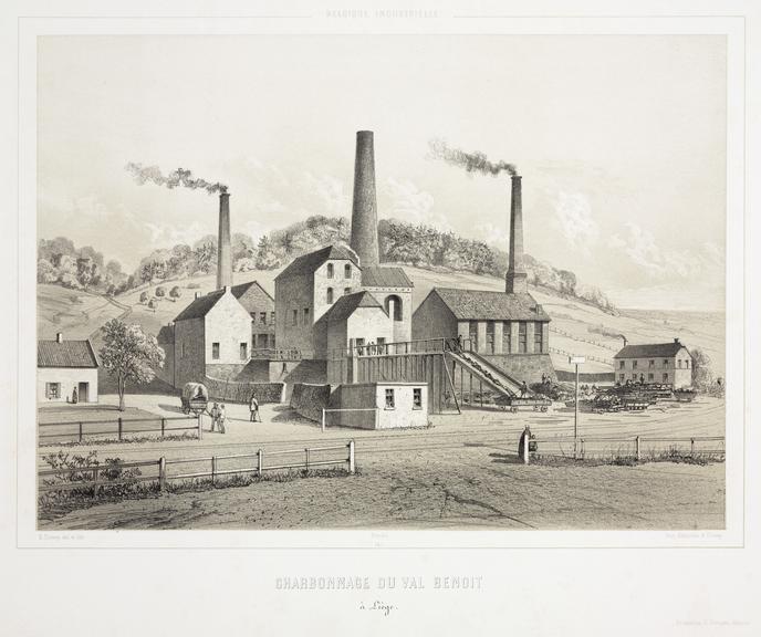 Print, tinted lithograph. 'Charbonnage du val Benoit a liege'