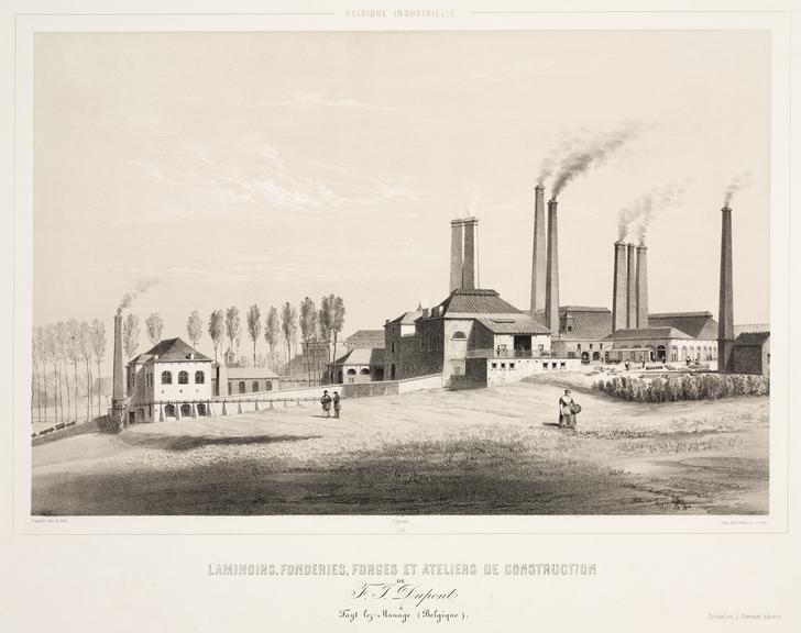 Print, tinted lithograph. 'Laminoires, fonderies, forges et ateliers de F.J. Dupont a Fayt lez Manage'