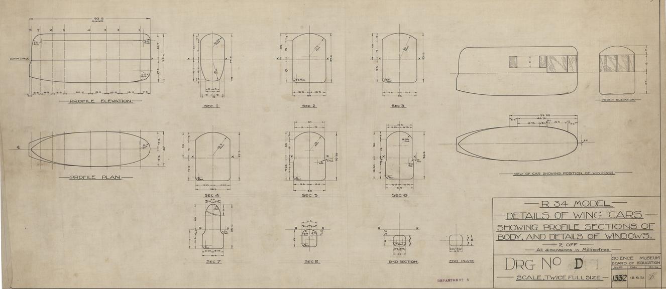 R. 34 Model - Details of Wing Cars - Showing Profile Sections of Body, and Details of Windows