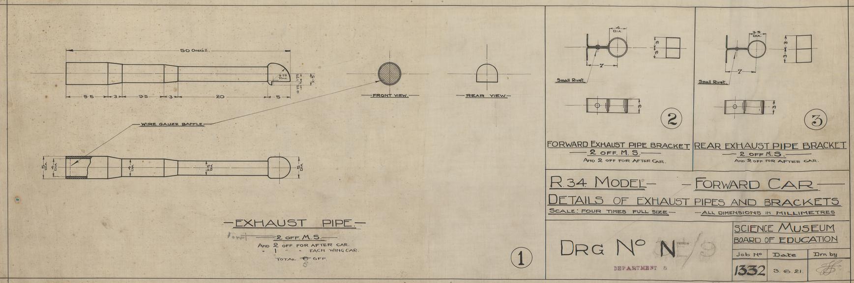 R. 34 Model - Forward Car - Details of Exhaust Pipes and Brackets