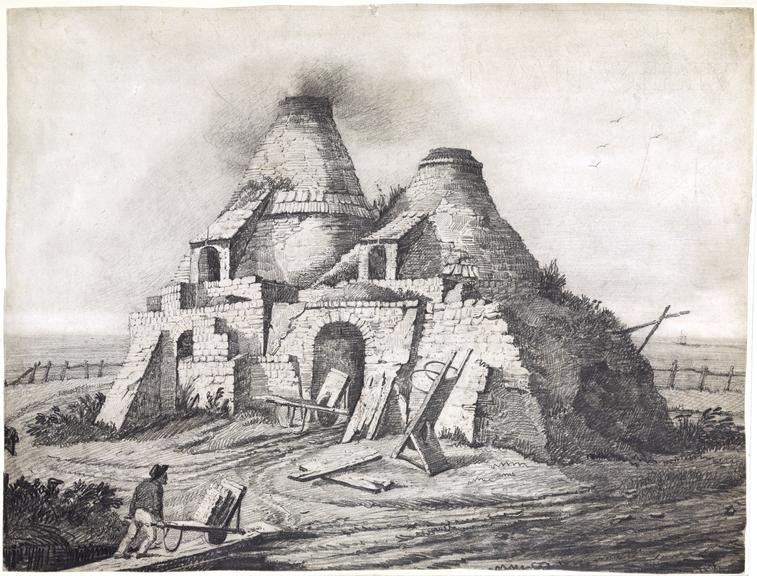 Pencil drawing: lime kilns in use for burning bricks