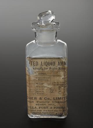 Bottle of ammonia for snake bites from medicine chest, used by Livingstone in 1873