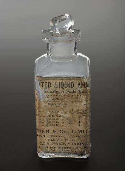 Bottle of ammonia for snake bites, Treacher of Bombay & Poona