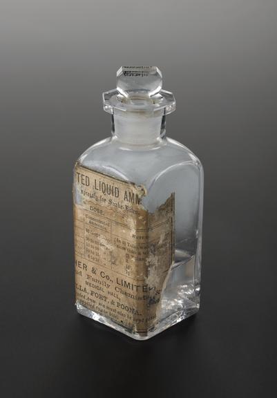 Bottle of ammonia for snake bites, Treacher of Bombay & Poona