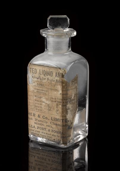 Bottle of ammonia for snake bites, Treacher of Bombay & Poona