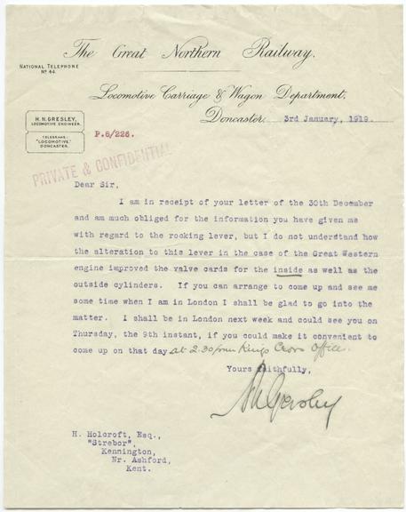 Letter from Nigel Gresley to Harold Holcroft, requesting they meet to discuss ideas relating to 3 cylinder