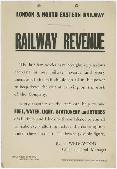 LNER Railway Revenue Notice Aug. 18th 1930