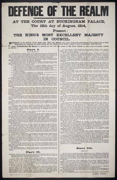 Poster, Defence of the Realm Act. 12th August 1914.