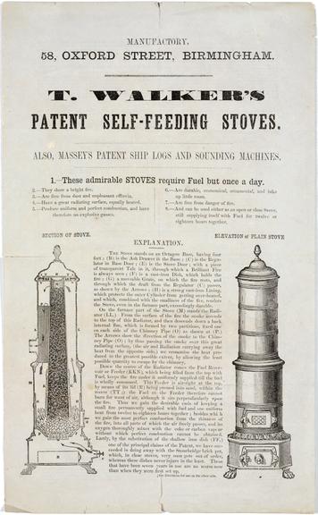 Engraving: 'T. Walker's Patent Self-Feeding Stoves'