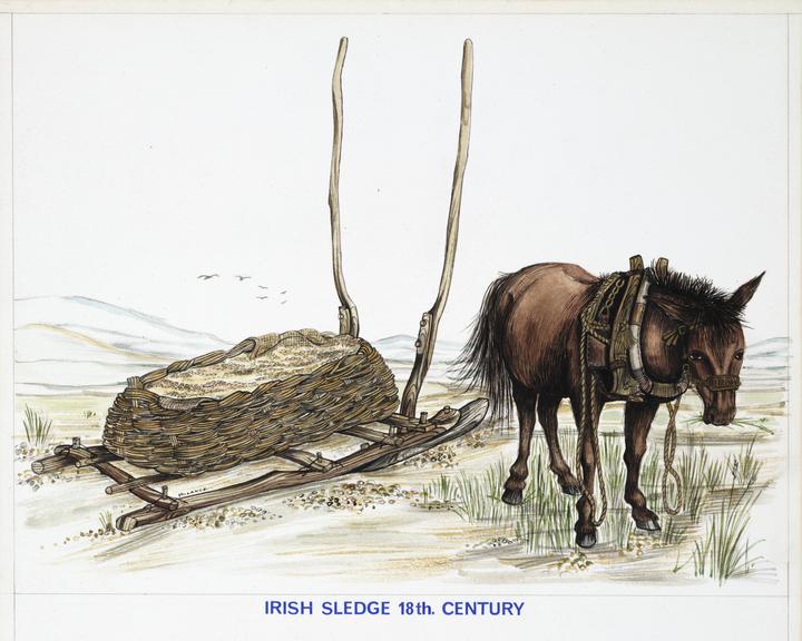 Drawing, ink and wash, Irish sledge 18th century