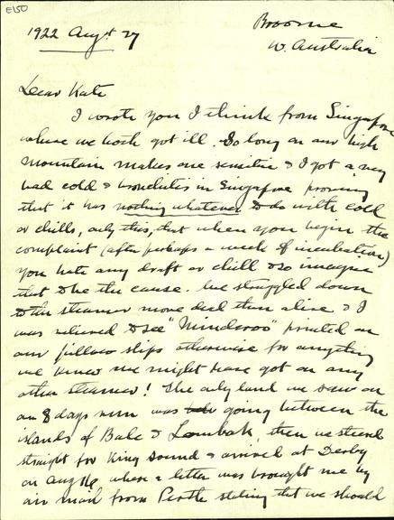 A handwritten letter from J. Evershed to Kate from Australia